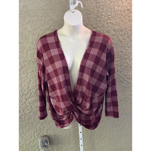Piphany Burgundy Plaid Twist Front long sleeve Top size 3 new with tags